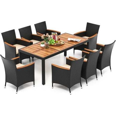9-piece rattan garden furniture set for 8 people, brown acacia wood garden table (1/5)