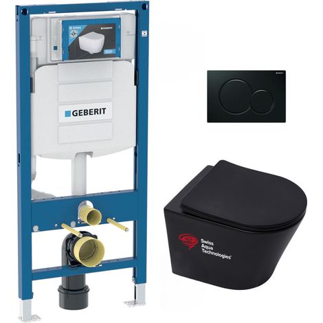 Pack WC Bati-support Geberit + WC Swiss Aqua Technologies Infinitio sans bride + Abattant softclose + Plaque noire