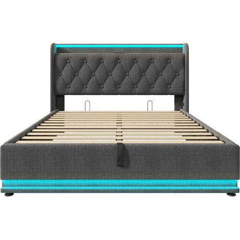 Cama canapé doble 140 x 190 cm gris de lino con LED 360°, cabecero capitoné y USB-C (1/5)