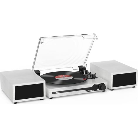 Platine Vinyle avec 2 Haut-parleurs Stéréo Doubles, Vintage Tourne-disqu Bluetooth 5.3 Prend en Charge 3 Vitesses, Entrée Auxiliaire, Ligne RCA, USB,Lecture sans Fil, Blanc (1/5)