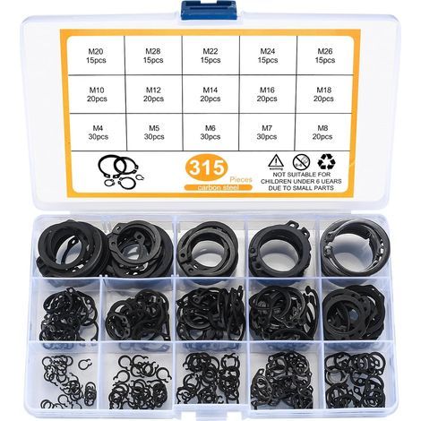 Coffret de 315 anneaux de retenue – Assortiment de circlips, de clips en E (internes) et de clips en C (externes) (4–28 mm) pour arbres rainurés (1/5)