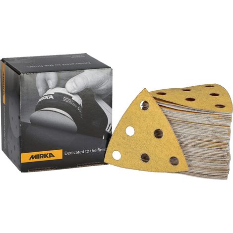 Mirka Gold Triangolo di levigatura Carta abrasiva universale 93x93x93mm / 6 fori / grana P120, 100 pezzi / Per levigare intonaco, stucco, truciolato, legno, vernice (1/4)