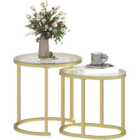 Mesa de centro redonda, juego de 2 mesas auxiliares apilables con estructura de acero, mesa de salón, mesa de centro para salón, dormitorio, dorado Aosom