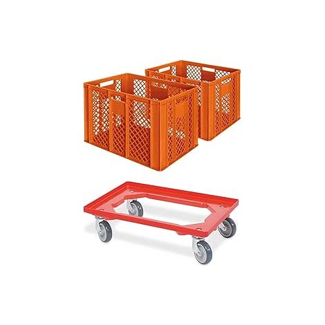 BRB Lot de 2 bacs euro/caisses de boulangerie, L x l x H 600 x 400 x 410 mm avec chariot de transport (orange)