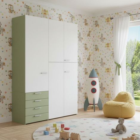 L.150 H.225,8 - Armadio ad ante battenti con ripiani e cassetti - Perfetto per organizzare i tuoi vestiti - Bianco e Salvia