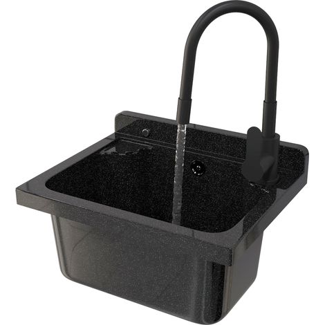 Évier utilitaire en polypropylène Granitan Loma noir - ensemble avec robinet, siphon et kit de montage