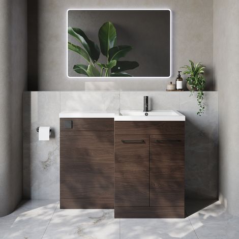 Napoli 460 Brown Oak 1100mm 2 Door Vanity Unit Toilet Suite with Right Hand Square Lucia Basin - 1100mm - Matt Black 160mm HandleWithout Kingston Toilet Pan