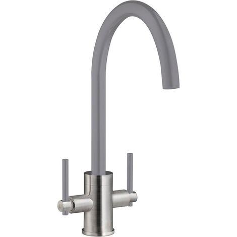 Prima Coloured Swan Neck Dual Lever Kitchen Sink Mixer Tap - Grey/Brushed Steel (1/2)