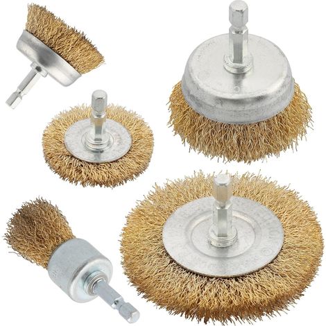 Ensemble de 5 brosses métalliques pour perceuse, brosses en laiton, tige hexagonale de 6,35 mm (1/4 pouce), brosses pour nettoyer la rouille