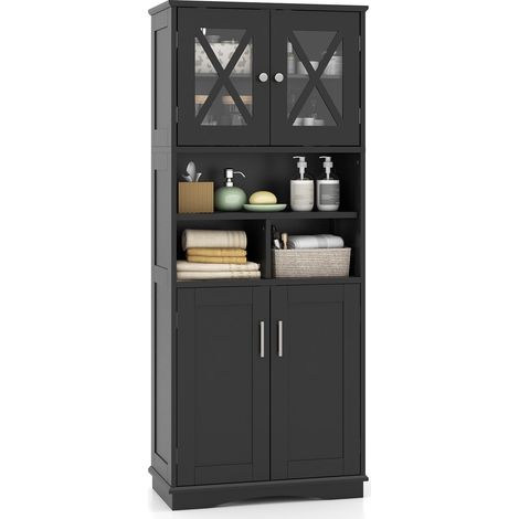 COSTWAY Mobile Bagno, Armadietto Salvaspazio con Porte in Acrilico, Ripiani Regolabili e Ampio Scomparto, Armadio da Terra in Legno per Soggiorno, Camera da Letto, Salotto e Cucina (Nero) (1/5)