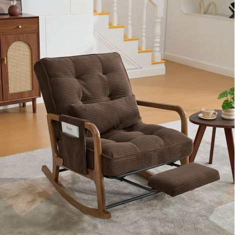 Schaukelstuhl 70x80x92 cm braun aus Cord mit Fußstütze, verstellbarer Rückenlehne und Seitentasche (1/5)