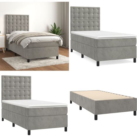 Cama box spring con colchón terciopelo gris claro 80x200 cm - Colchón de muelles - Cama box spring