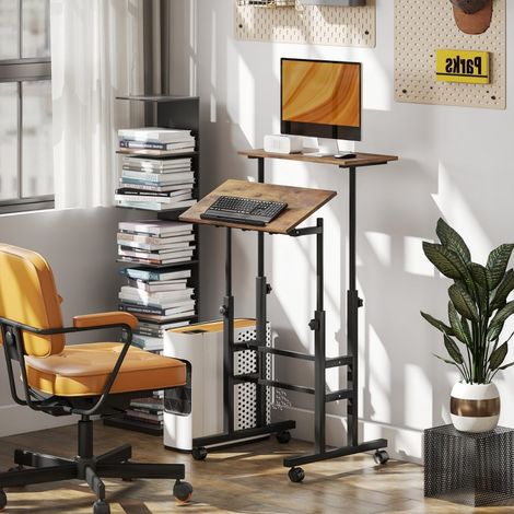 Bureau réglable hauteur étagère roulettes 60x60 cm finition bois rustique (1/5)