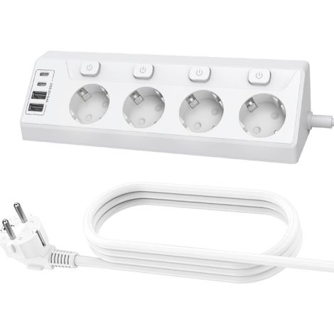Ecksteckdosenleiste mit vier Steckdosen, zwei USB-A-Anschlüssen und zwei USB-C-Anschlüssen, 4000 Watt, 1,5 Meter Kabel, Einzelschalter, weiß, geeignet für Büros und Küchen.