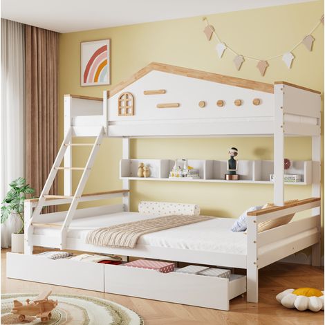 Lit superposé enfant 90x200 et 140x200 cm blanc et naturel en pin massif et MDF avec rangements (1/5)