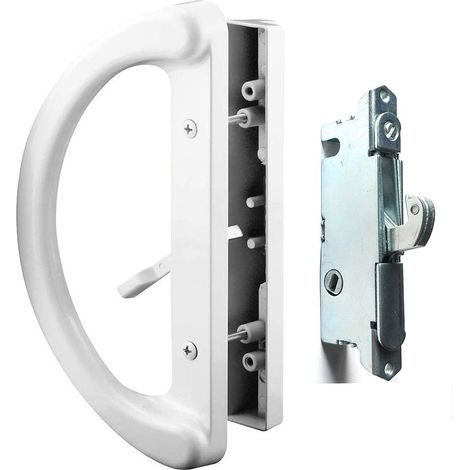Ensemble de poignée de porte de terrasse + serrure à mortaise à 45 °, remplacement pour porte coulissante en verre, convient aux trous de vis de 8,5 cm, sans clé avec verrous à mortaise, blanc (1/5)