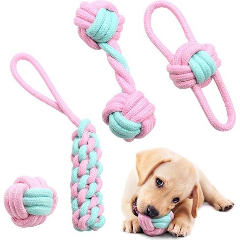 Jouet en corde pour chien, lot de 4 jouets indestructibles pour chiots et petits chiens, jouet à mâcher pour l'entraînement des dents, jouet interactif - Coton naturel (1/5)