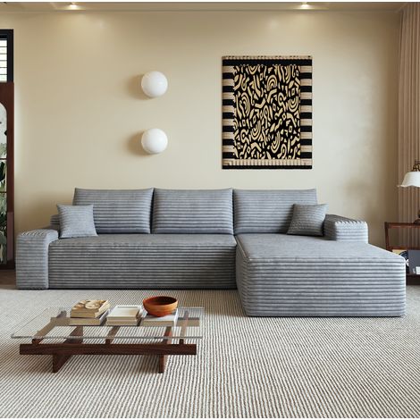 Divano angolare modulare 270 x 175 cm con chaise longue, tessuto a coste grigio DESVIAE (1/5)
