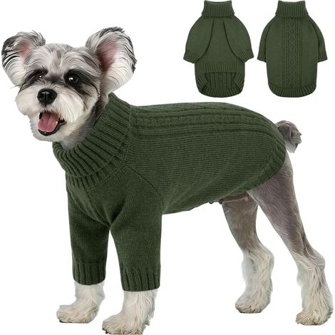 Pull en maille tressée pour chien avec col roulé et manches mi-longues vêtement d'hiver chaud et élastique pour petits moyens et grands chiens vert kaki (1/5)