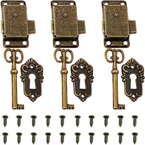 3 Serrures de Meuble Antiques, Serrure de Meuble Vintage avec Clés et Vis, 53x26mm pour Armoires, Coffres, Boîtes aux Lettres et Boîtes à Outils (Bronze) (1/4)