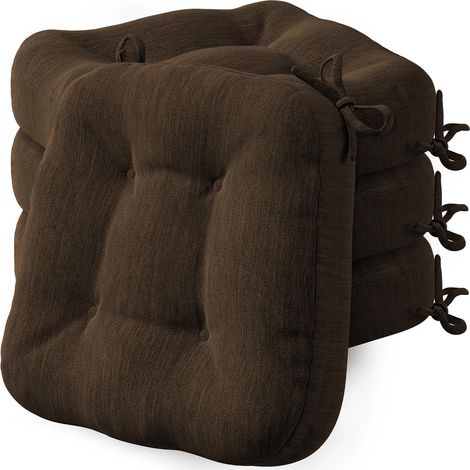 Lot de 4 coussins d'assise - 40 x 40 x 8 cm - Épais et confortables - Avec housse imperméable - Lavables et antidérapants - Pour chaise, extérieur et chaise de jardin - Marron (1/5)