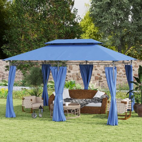 Tonnelle de Jardin Tente Réception 3x4m - 6 Rideaux Amovibles, Double Toit, Pour Patio/Festival, Bleu Foncé