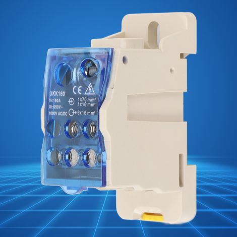Bornier sur rail DIN pour boîtes de distribution, boîtes de jonction d'alimentation et connecteurs de bornes d'alimentation, AC/DC 1000V 160A. (1/5)