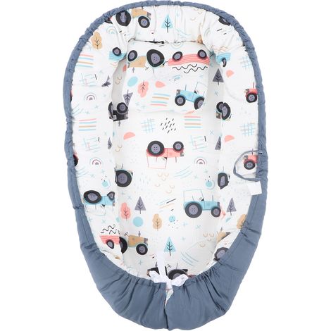 Housse de chaise longue pour bébé, douce, confortable, respirante, facile à nettoyer, pliable, portable, nid de nouveau-né pour voyager, motif tracteur bleu (1/5)