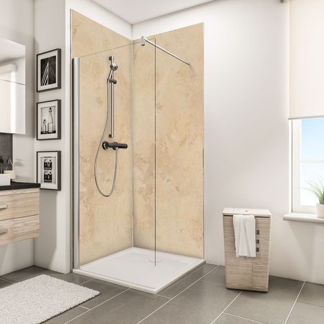 Panneau mural Pierre beige brillant, revêtement pour douche et salle de bain, DécoDesign BRIO, Schulte, Lot de 2 panneaux 100 x 210 cm