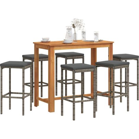 Mesa y taburetes de jardín 7 pzas madera acacia ratán PE gris