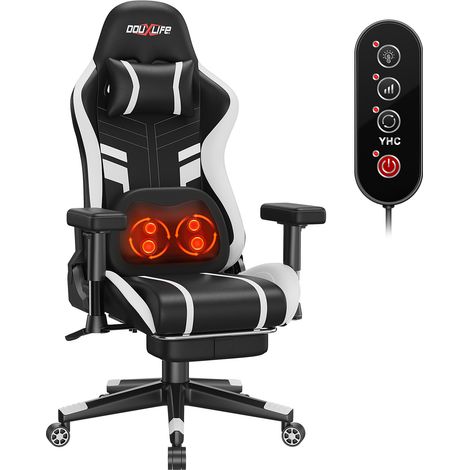 ergonomisch Gaming-Stuhl, Bürostuhl mit Knetmassage- und Heizfunktion, hoher Rückenlehne, Lendenwirbelstütze mit Fußstütze, gepolsterte 2D-Armlehnen verstellbar,Schwarz+Weiß