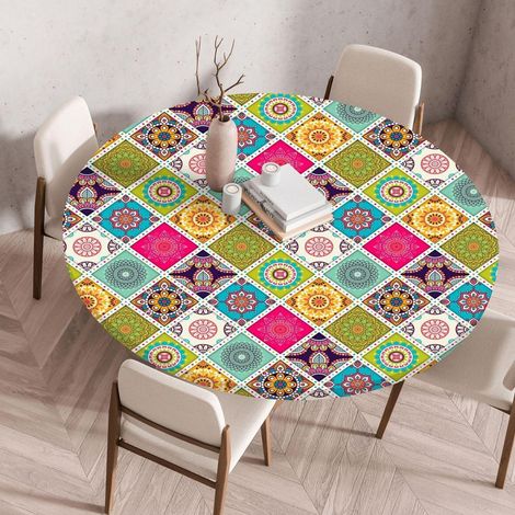 Runde Tischdecke Boho mit Gummizug 110 cm wetterfest für Garten und Balkon