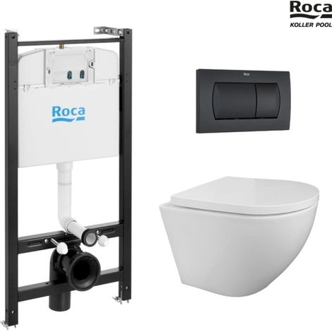 Bastidor ROCA Active pack cisterna empotrada y pulsador Negro Mate con inodoro suspendido ROUND de KP blanco (1/4)