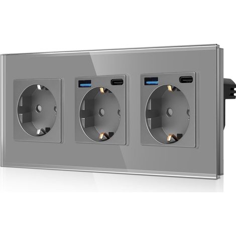 Triple prise avec 4 ports USB (charge rapide de 20 W) – 2 × (type C et USB-A) – Triple prise Schuko en verre encastrée – Prise murale grise avec sécurité enfant (1/5)