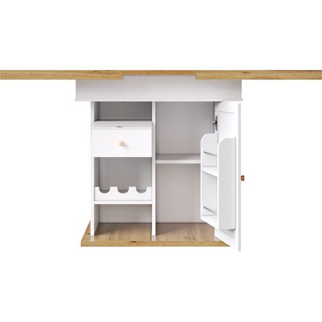 Mesa de comedor extensible 110-140x80 cm con almacenaje y botellero MDF blanco (1/5)