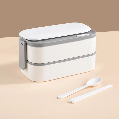 Boîte à lunch portable et hermétique en acier inoxydable 304 à double compartiment pour four à micro-ondes (blanche). (1/5)