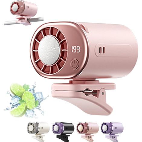 Ventilateur portable sur pince type mini climatiseur, USB rechargeable, écran LED, vitesse réglable, fonction refroidissement, rotation 360°, usage voiture et bureau, rose (1/5)