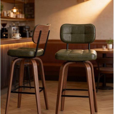 Tabouret de bar 44x49x94 cm en bois et métal vert, pivotant 360°, pour salle à manger FloraGrace (1/5)