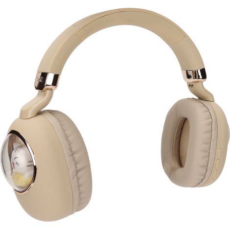 Casque de jeu Bluetooth avec fil et sans fil stéréo, motif dessin animé mignon, lumière LED, pour jeux, films et musique, beige et or. (1/4)