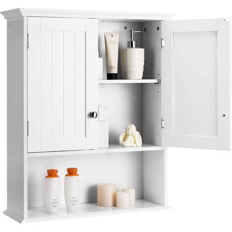 COSTWAY Armario de Baño de Pared, Armario de Madera Suspendido con Puertas y Estantes, Estante Ajustable, 60 x 19 x 71 cm, para Baño, Cocina, Dormitorio, Blanco (1/5)