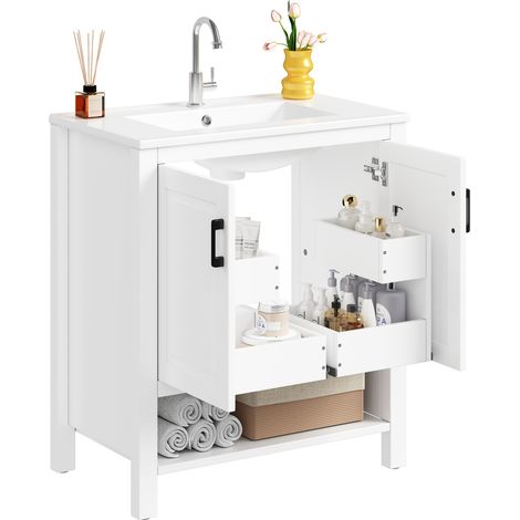 CHICFURN Meuble vasque sur pied 76,5 x 47 x 83 cm blanc avec vasque en céramique intégrée, rangement 2 portes et niche ouverte, meuble de salle de bain MDF (1/5)