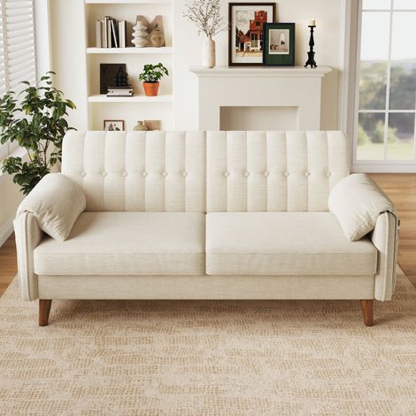 Divano 2 posti in chenille beige con cuscini bracciolo e tasche laterali HAVRYA (1/5)