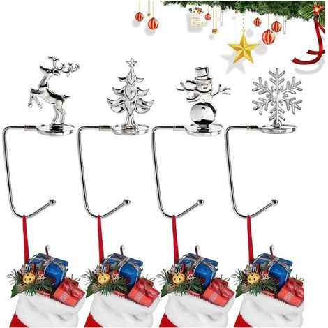 Set of 4 metal Christmas hooks, wall mount for bags or fireplace, perfect for festive decorations, silver color.