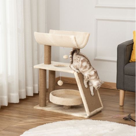 Tiragraffi per gatti 60x30x76 cm, torre multifunzione con letto, palline pendenti, peluche, naturale (1/5)