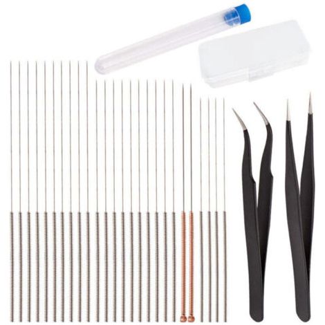 28 Pièces Buse Nettoyage Aiguilles Kit Imprimante 3D Accessoires de Nettoyage Comprenant 26 Pièces 0,15mm, 0,25mm, 0,35mm, 0,4mm Aiguilles De Nettoyage 2 Pièces Pince à épiler (1/5)