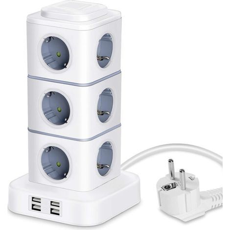 Power strip tower with 12 power outlets (2500W/10A), 4 USB ports, suitable for home use and a 3-meter extension cord. (1/5)