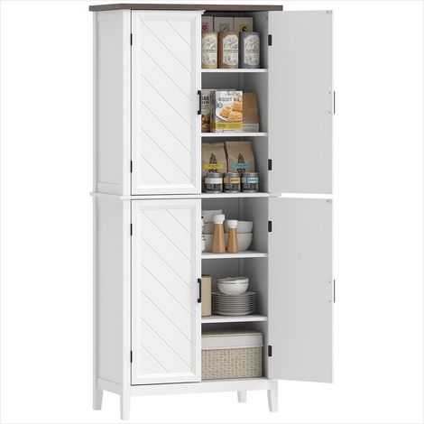 Buffet haut en MDF blanc et brun effet bois 76x40x178,5 cm, 4 portes chevrons, 4 étagères réglables (1/5)