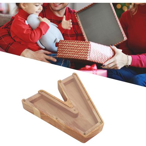 Tirelire en bois en forme de lettre V (18 x 18 x 3 cm), coffret cadeau créatif pour les fêtes, décoration artisanale en forme de cœur anglais, tirelire avec la lettre V (1/5)