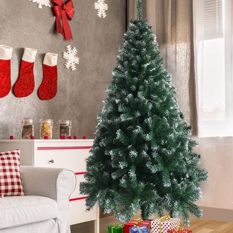Sapin de Noël 6 pieds avec pied en fer, 650 branches, PVC blanc - Décoration de Noël en PVC vert et blanc