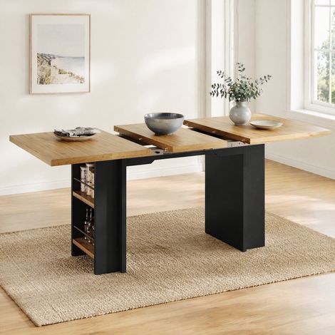 DESMIU Table extensible avec niches de rangement et étagères, pour salon et cuisine, MDF, bois naturel, 120 × 80 × 75 cm (1/5)